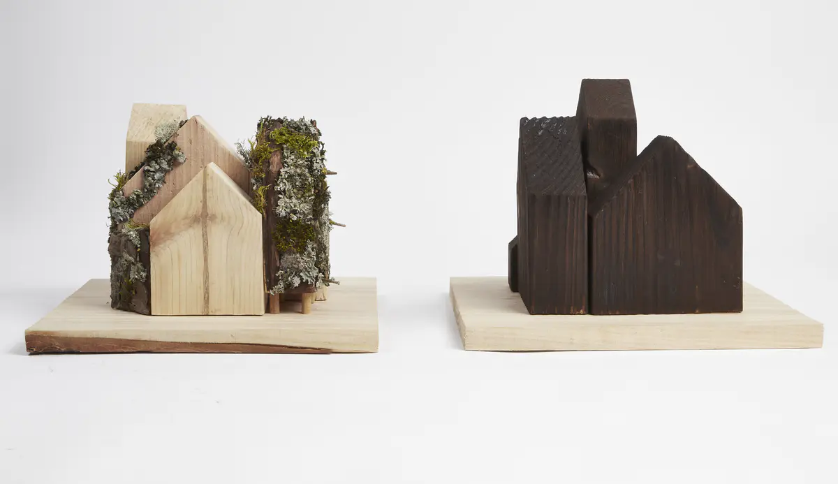 Lichen as bioindicators

Lichen Vs Carbon. These concept models look to document both the current state of Dudley Highstreet and the vision looking towards the future within this thesis project.

The lichen covered model looks towards a future in Dudley that is rich in texture, colour, nature and oxygen. Natural materials promote natural growth, and textures such as rough sawn timber and stone are the prefect hosts for lichen. All new buildings in Dudley would benefit massively from following a fabric first approach and adopt the use of sustainable and recycled building materials along with systems that use minimal energy.

The lichen model represents a vision for this thesis, buildings that are covered in natural materials and lichens that help sequester carbon and promote a healthier Highstreet. Suggestions of raised buildings also proposes less disruption to the ground and natural landscape, giving plants and animals the opportunity to thrive in an otherwise hostile concrete environment. Raised buildings also look towards a future planet with rising sea levels, future factors that will drastically affect the way we carry out daily lives and futureproofing all buildings for generations to come.

This second model uses the Shou Sugi Ban method of charring timber to waterproof it. In this case however it represents the embodied carbon and pollution within the highstreet as it exists now. The simplicity and repetition is also used to symbolise the plain nature of the highstreet with only a few materials exhibited, mainly brick & concrete. Once burnt the timber forms were brushed with wire wool to reveal the natural grain of the wood, a visual representation of degradation of layers of buildings that are built poorly or not constructed to last longer than a generation. - Michelle Gartside Model 4.png